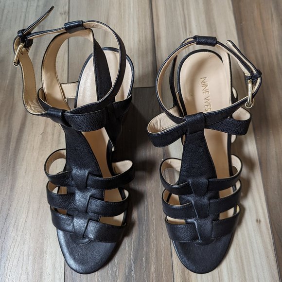 NINE WEST Women's Wedge Leather Sandals Gold Buckle Black Strap 4" Heel … - Picture 1 of 7